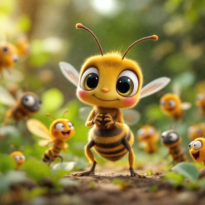 The primary subject of the image is a cute, cartoon-like bee with a pink nose and big eyes. The bee is standing in a grassy area surrounded by other bees. The setting appears to be a forest or a lush green field, creating a serene and natural atmosphere. The visual style of the image is a combination of digital art and illustration, giving it a whimsical and playful appearance. The colors used in the image are predominantly green and brown, with the pink nose